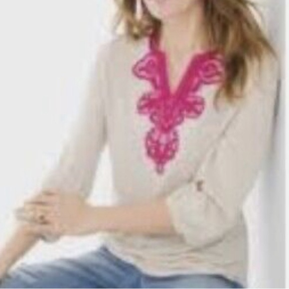 Chico’s Linen Blend Neutral w/Pink Bead Embellished/Embroidered V NeckTunic - Picture 8 of 8
